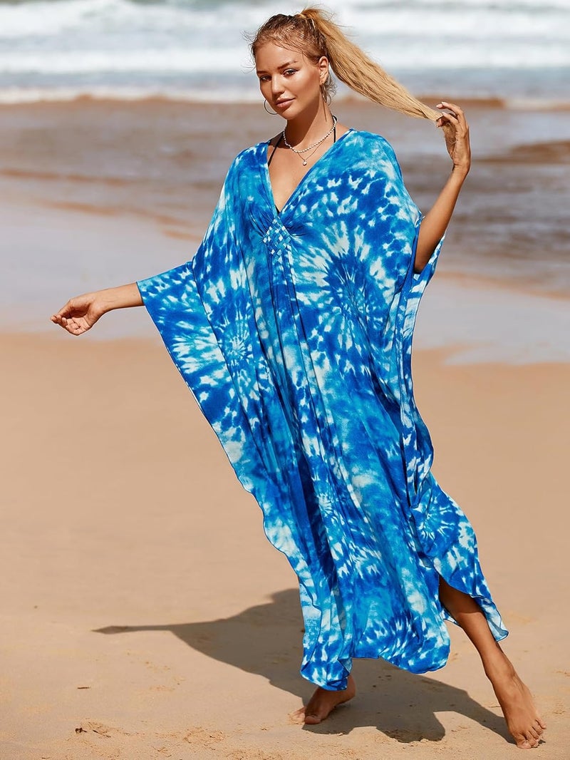 IMAGEKOPE Women's Plus Size Animal Print V-Neck Batwing Kaftan Beach Dress Bathing Suit Cover-Up Loungewear - Image 4